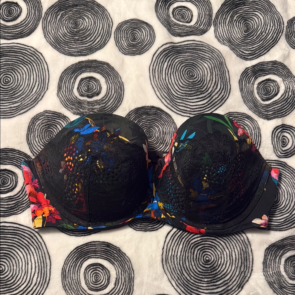 Cacique Black Floral strapless Bra